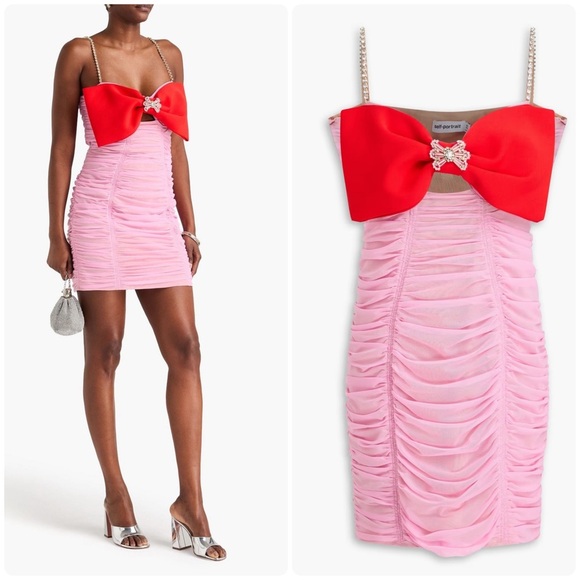 Self-Portrait Dresses & Skirts - New! Self Portrait Bow Embellished Ruched Pink & Red Mini Dress 🎀 size 10